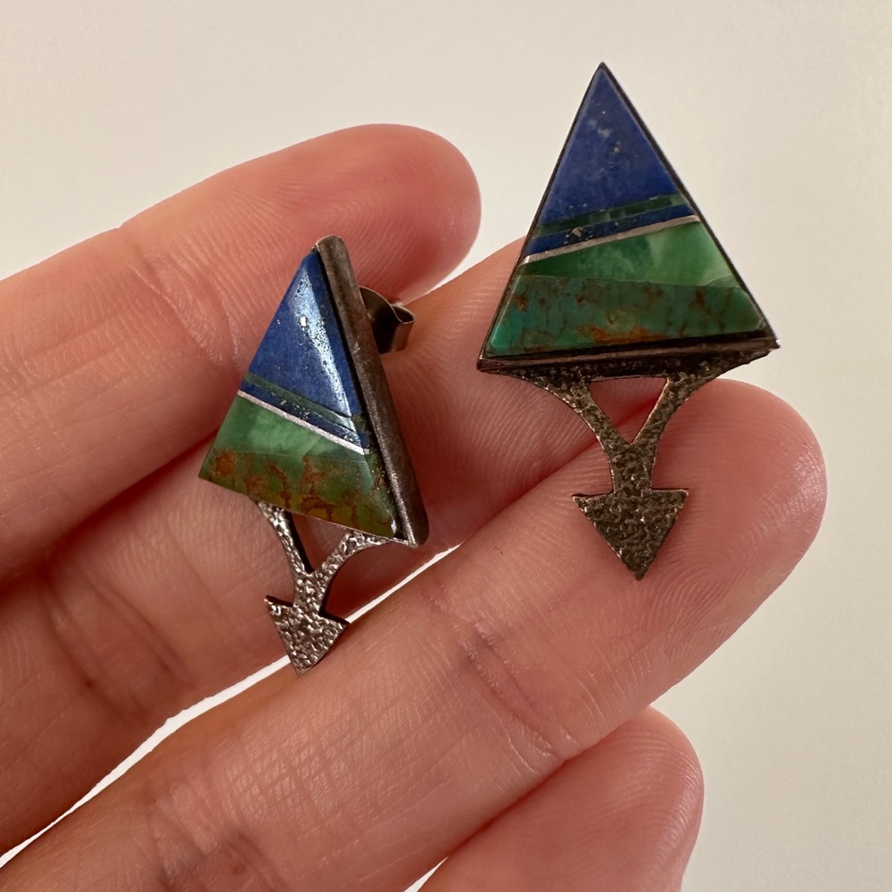 Sterling Silver Lapis Triangle Stud Earrings / Vi… - image 2